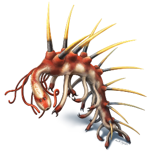 Colour reconstruction of Hallucigenia: a red, worm-like animal with paired legs below and long yellow-tipped spines along its back.