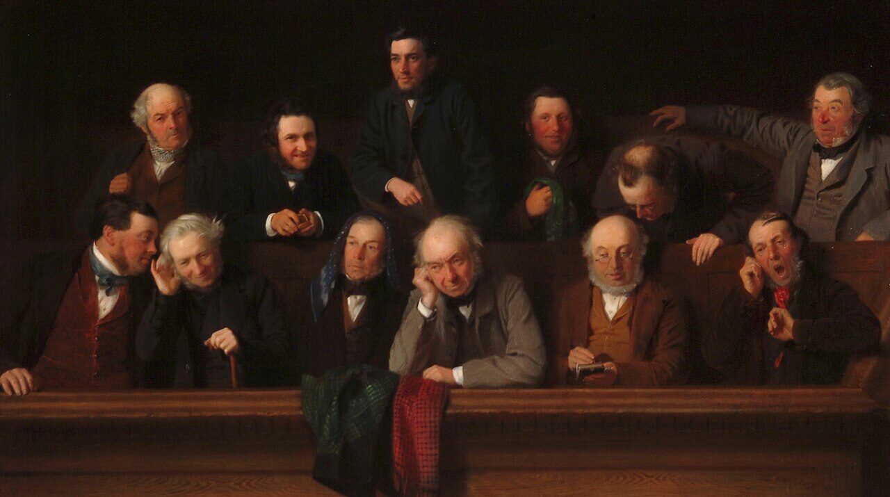 Victorian painting of twelve jurymen packed into a jury box, weighing a verdict — some frowning in thought, one taking notes, one yawning, one slumped with his head down.