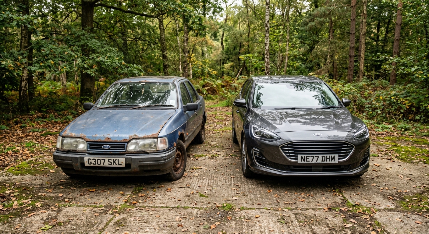 An ageing 1980s saloon parked beside a modern car of the same marque on a woodland track.