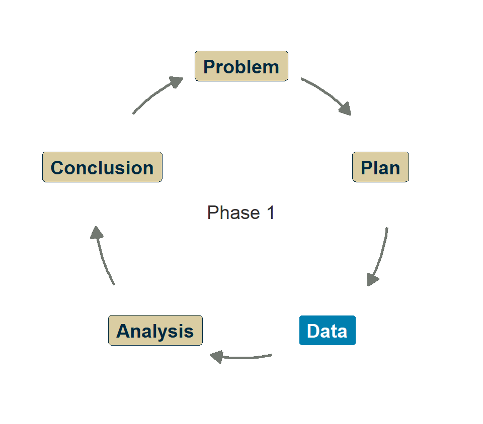 The PPDAC cycle drawn as a ring: Problem, Plan, Data, Analysis, Conclusion, with arrows running clockwise back to Problem. Data is highlighted; the centre reads Phase 1.