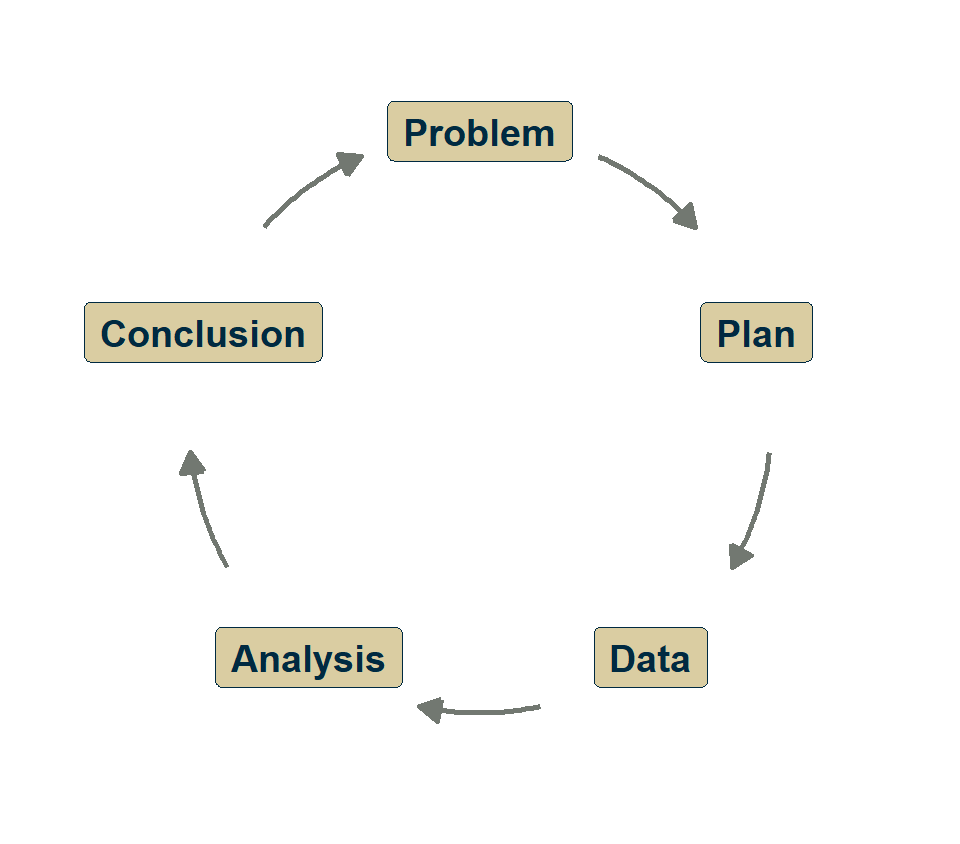 The PPDAC cycle drawn as a ring: Problem, Plan, Data, Analysis, Conclusion, with arrows running clockwise back to Problem.