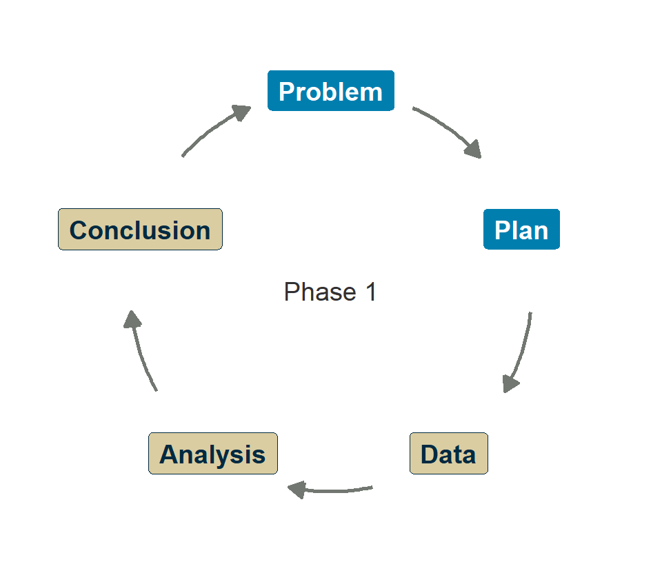 The PPDAC cycle drawn as a ring: Problem, Plan, Data, Analysis, Conclusion, with arrows running clockwise back to Problem. Problem and Plan are highlighted; the centre reads Phase 1.