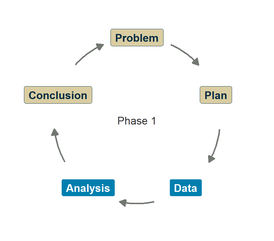 The PPDAC cycle drawn as a ring: Problem, Plan, Data, Analysis, Conclusion, with arrows running clockwise back to Problem. Data and Analysis are highlighted; the centre reads Phase 1.