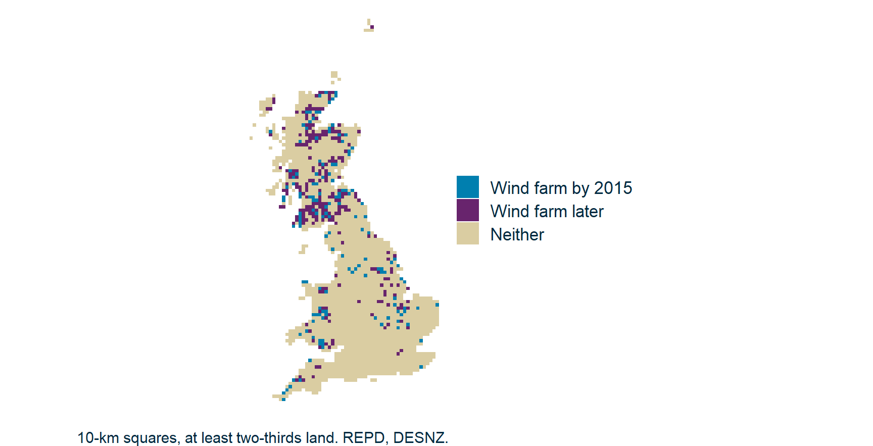 Map of Great Britain in 10-kilometre squares. Squares with a wind farm by 2015 are blue and squares where one was built or proposed later are purple. Both gather in the Scottish uplands, Wales, the Pennines and eastern England, with the later ones next to the earlier. The remaining squares are pale.